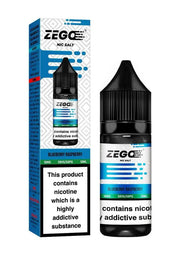 A product image showing a 10ml bottle of Zego Nic Salt E-Liquid in Blueberry Raspberry flavor, along with its packaging that highlights the nicotine content and flavor.
